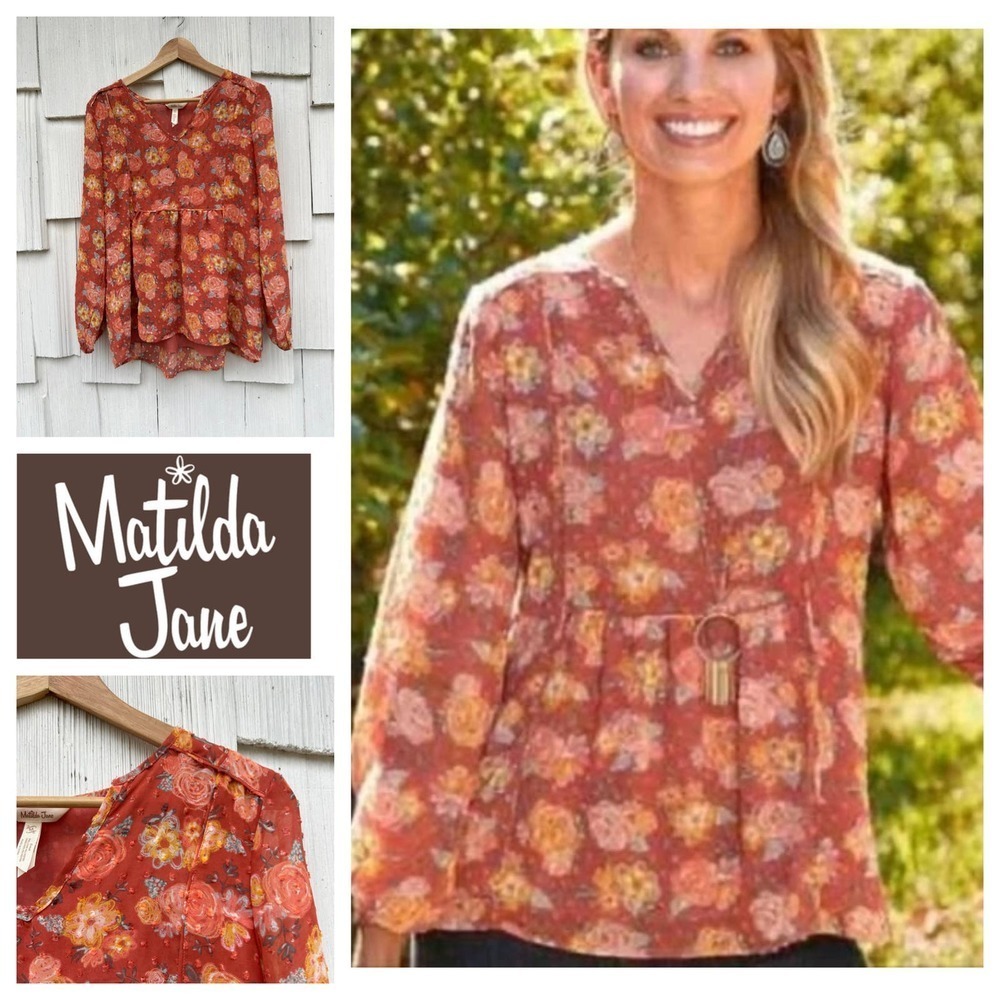 Matilda Jane Womens Floral Print Peplum V‎ Neck Long Sleeve Blouse Top M